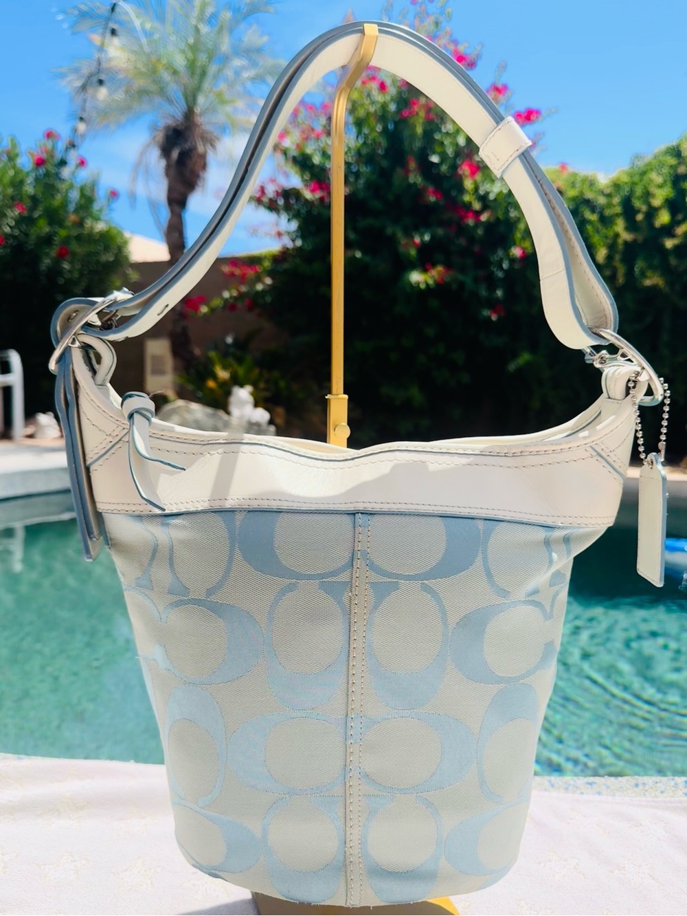 Coach 2008 Convertible Bucket Bag #F13358 blue white Sig C Canvas Leather - EUC - Picture 4 of 16
